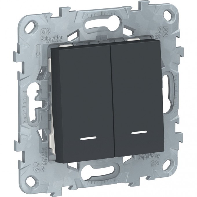 Переключатель 2-клавишный SCHNEIDER ELECTRIC UNICA NEW, 2 модуля,с подсветкой, 2 х сх.6а, антрацит NU521354N