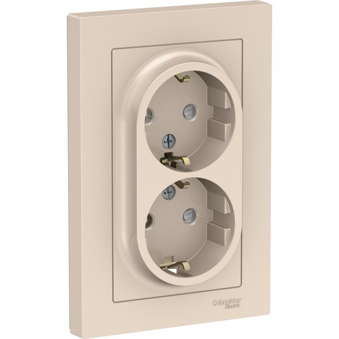 Розетка двойная SCHNEIDER ELECTRIC ATLASDESIGN с заземлением, со шторками, в сборе, бежевый ATN000226 Розетка двойная SCHNEIDER ELECTRIC ATLASDESIGN с заземлением, со шторками, в сборе, бежевый ATN000226