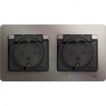 Розетка двойная SCHNEIDER ELECTRIC GLOSSA с заземлением, со шторками, в сборе, IP44, платина