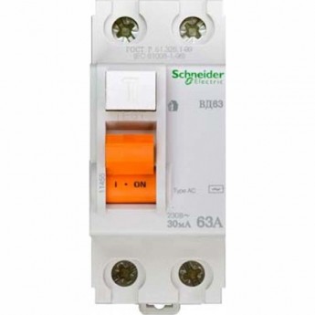 Дифференциальный выключатель нагрузки SCHNEIDER ELECTRIC ДОМОВОЙ ВД63 2П 63A 30MA АС, Испания